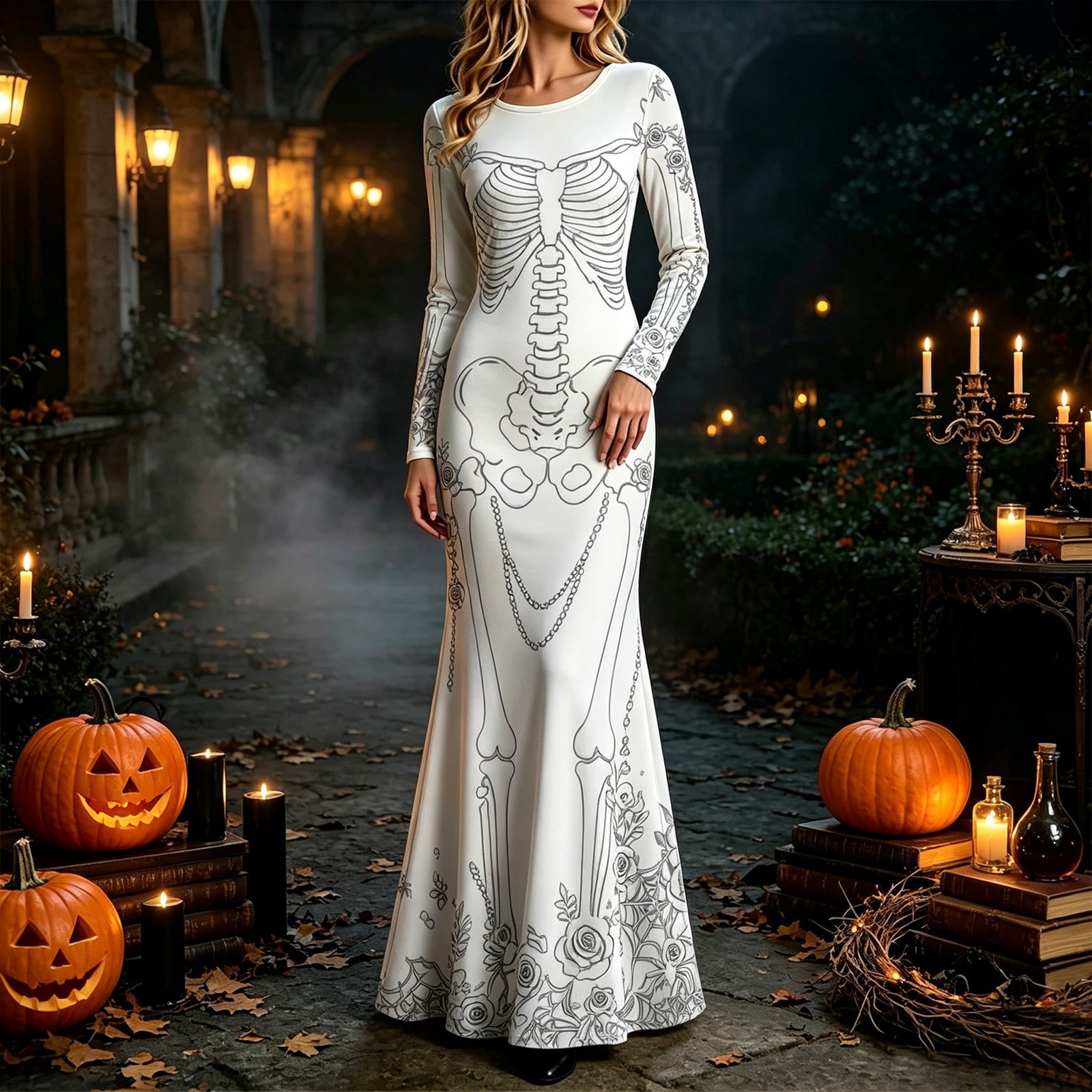 Halloween Skeleton Decoration - Vestido longo com estampa de rosas